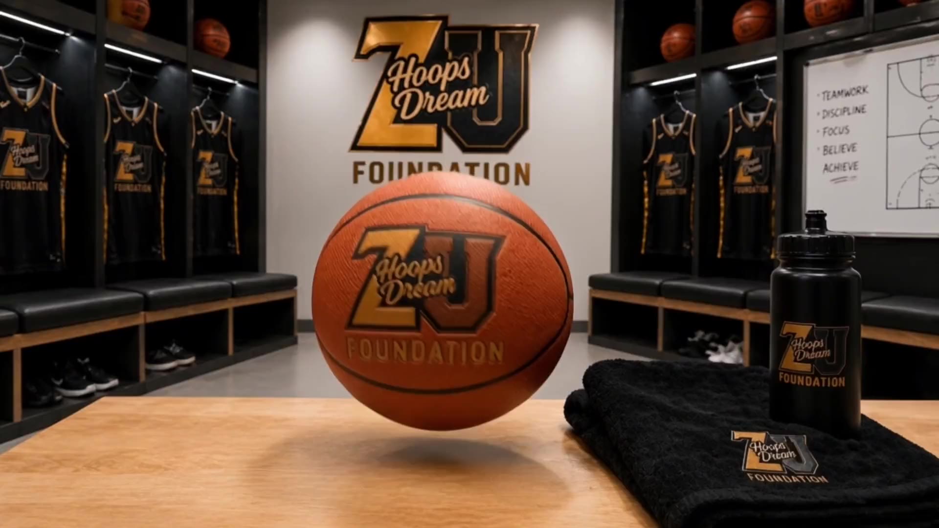 The Zulu Hoops locker room before a game, ball resting on polished maple.